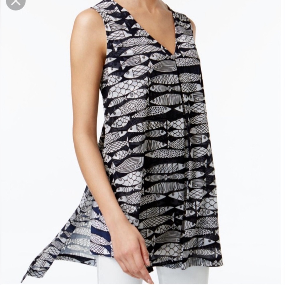 Alfani Womens Navy‎ Blue White Fish Print V-Neck High Low Tunic Tank Top Large